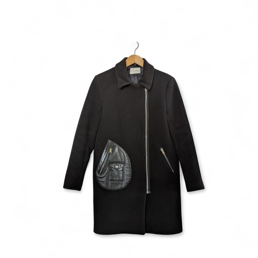 Sandro Black Coat with Leather Details